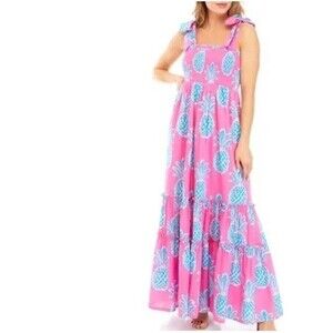 Crown & Ivy Pineapple Print Maxi Dress Tiered with Tie Shoulders Smocked Top M